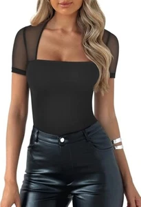 Women's Sexy Square Neck Short Sleeve Sheer Mesh Slimming Bodysuit Top M - Picture 1 of 5