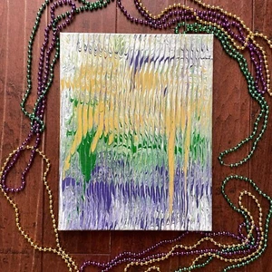 Karneval Perlenkunst Originalgemälde 11 x 14 lila grün & gold glänzend Oberfläche - Bild 1 von 17