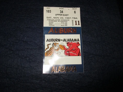 Vintage November 22, 1997 Auburn Tigers v. Alabama football ticket - ORIGINAL Cover