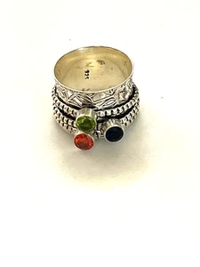925 STERLING SILVER PLATED WIDE BAND GARNET TOPAZ SPINNER RING Q928 SIZE 9.5 - Picture 1 of 2