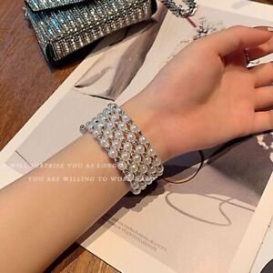 Silver 5Rows Stretch Bangle Gold Rhinestone Bracelets Crystal Pearl Bracelet