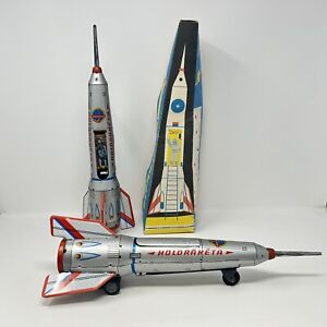 Pair Of 1970's Hungarian Lemezaru Gyar Holdraketa Moon Rocket Tin Friction Toy