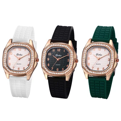 Mujeres Niñas Rectángulo Circonita Cúbica Dial Reloj Banda Silicona Cuarzo Reloj Pulsera Foto 1 de 3