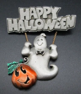 Spilla spilla Halloween Ghost Jack O Lanterna tono argento vintage tenuta spontacolare - Foto 1 di 6