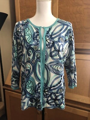 Cárdigan Suéter Sigrid Olsen Azul Algodón Nylon Cuentas Manga 3/4 L Foto 1 de 4