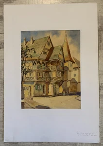 Watercolour Architecture Town Village Place Eglise Woman Dress Alsace P.Laudon? - Picture 1 of 12