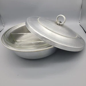B W Buenilum Aluminum Covered Serving Dish w Pyrex #595 Divided Bowl Vintage - Picture 1 of 11