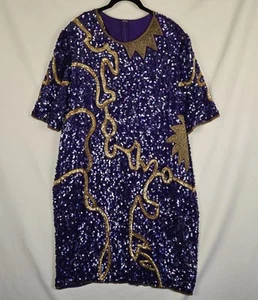 Vintage Dress 4X Purple Gold 80s Silk Beaded Sequin Formal Wedding Statement - Picture 1 of 19