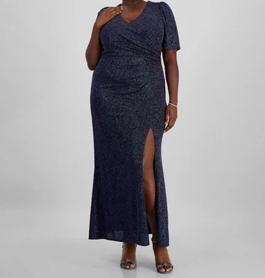 Alex Evenings Women's Blue Metallic-Knit Surplice-Neck Dress Plus Size 20W - Image 1 of 3