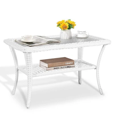 Wicker Patio Coffee Table Outdoor Side Table Rattan End Table with Glass Top - Image 1 of 4