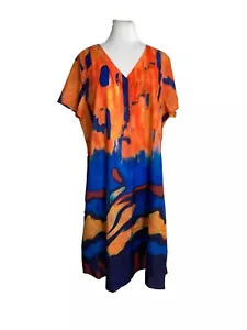 Womens Caftan Dress Size 2XL Runs Small Blue Orange Lightweight Short Sleeves - Picture 1 of 6