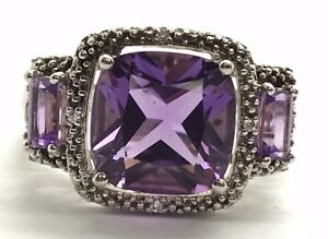 Sterling Silver Three Stone Cushion Purple Amethyst - CZ Accent Cocktail Ring 7