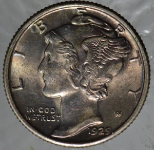 1929 Mercury Silver Dime High Grade Gem FSB Darker Toning Reverse pops - Picture 1 of 21