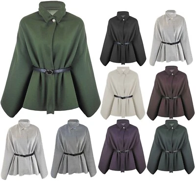 Ladies Womens Cape Shawl Belted Coat Flared Poncho Jacket Winter Jumper Top Size - Image 1 of 4