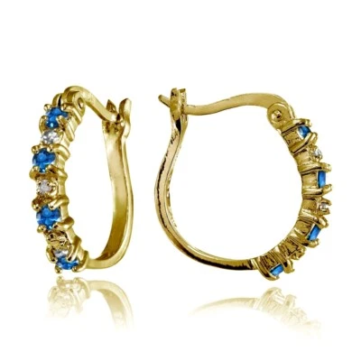 Gold Tone over Silver Polished Simulated London Blue Topaz Round Hoop Earrings - Image 1 of 4