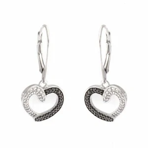 0.21 Ct Black & White Diamond Sterling Silver Heart Dangle Earrings 179S - Picture 1 of 6
