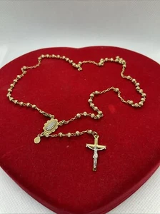 VINTAGE HANDMADE 14K T/T Gold ROSARY Chain Necklace VIRGIN MARY & CROSS Pendant - Picture 1 of 23