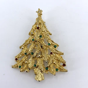 Christmas Tree Brooch Goldtone 2" Rhinestone Pin FLAW - Picture 1 of 10