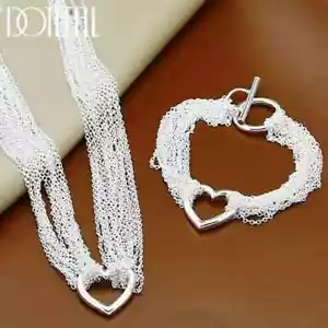 DOTEFFIL 925 Sterling Silver Multi-Chain Heart Necklace Bracelet Charm Jewelry - Picture 1 of 6