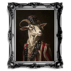 Patriotic Goat Portrait Wall Art Print - Quirky Dark Gothic Animal Art - Picture 1 of 23