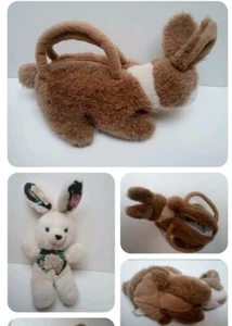 LOT lapin peluche sac à main fourre-tout pour enfant doux poil marron + doudou - Photo 1/7