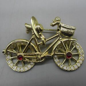 "Broche de vélo vintage Danecraft rouge strass transparents roues mouvement ton or 2,25"