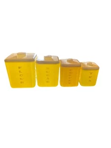 Ancien bidons Lustro Ware jaune ensoleillé avec couvercle made in USA années 50. 4 pièces - Photo 1/10