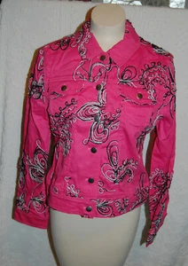 Womens Denim PINK CROPPED JEAN JACKET Lt Weight FLORAL DESIGN Button Up L 12-14 - Picture 1 of 3