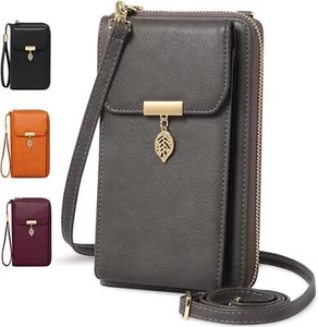 Handytasche Umhänge Leder RFID Schutz Damen 7,2 Zoll Vintage Grau - Bild 1 von 8