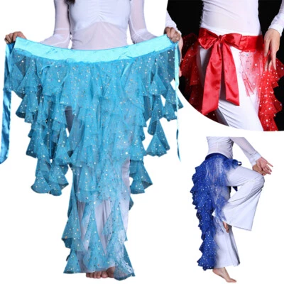 Belly Dance Hip Scarf Wrap Skirts High Low Ruffle Mesh Waist Belt Sequin Party. - Image 1 of 4