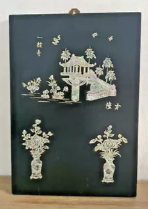 Antique Painting Wood Black Deco Mother Scene Asian Home Vase Flowers - Picture 1 of 11