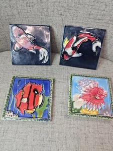 Colorful Fun Fish 4 x 4” Entile Art Tile Trivet W/stand Set Of Four - Picture 1 of 6