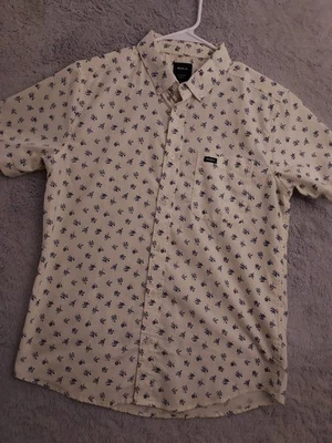 Camisa RVCA Para Hombres Pequeña Calce Ajustado Floral Geométrica Amarillo Azul Surfista Patinador Playa Foto 1 de 4