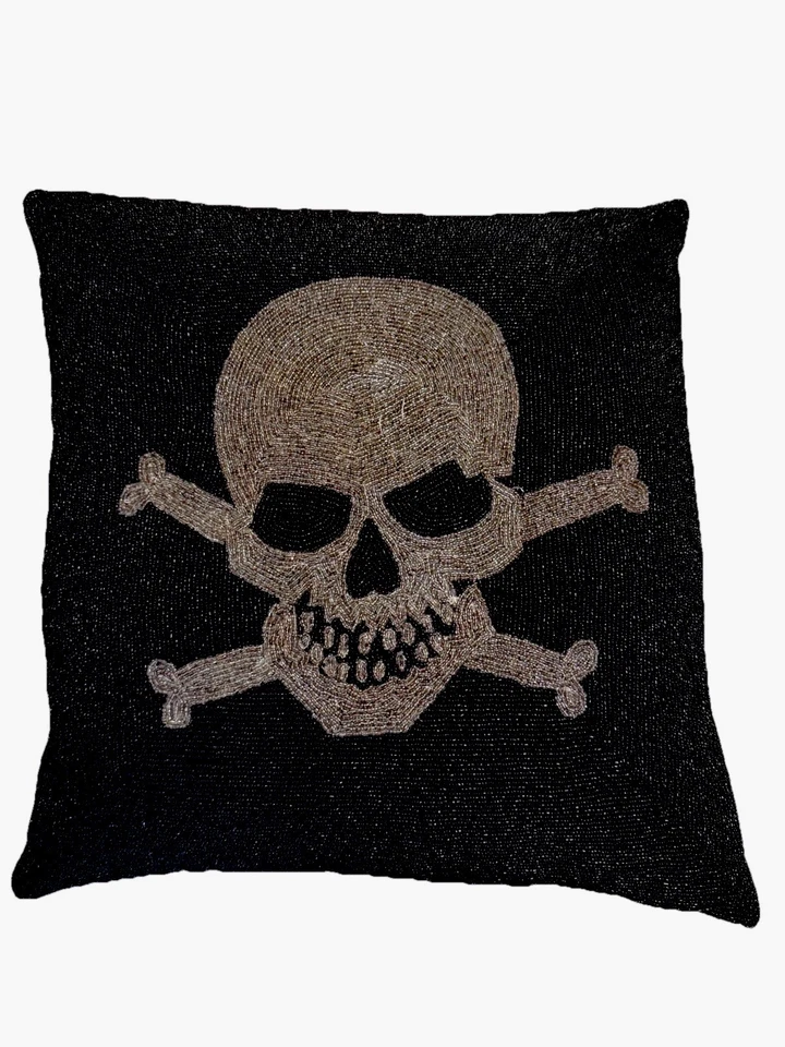 BLACK & SILVER BEADED SKULL & CROSSBONES GOTH PILLOW FROM NEIMAN MARCUS NEW! - Image 1 of 1