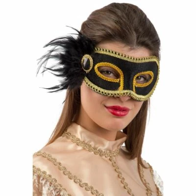 00761-1 MASCHERA NERA PLASTICA RIGIDA VELLUTO, PIUME E GEMMA CARNEVALE HALLOWEEN - Immagine 1 di 2