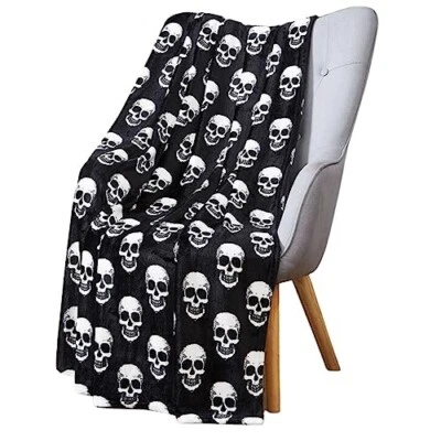Halloween Blanket Throw: White Skulls on Black Fleece Oversized NWOP - Image 1 of 4