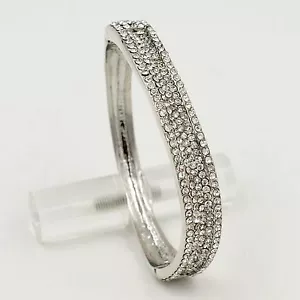 Women Rhodium Plated Clear Crystal Rhinestone Wedding Bangle Cuff Bracelet 00575 - Picture 1 of 7