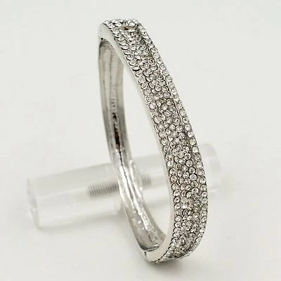 Women Rhodium Plated Clear Crystal Rhinestone Wedding Bangle Cuff Bracelet 00575 - Image 1 of 4