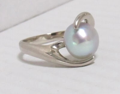 Anillo de derivación giratorio de perlas gris plata de 8 mm de oro blanco 14k talla 6 para dama 4 g único Foto 1 de 4