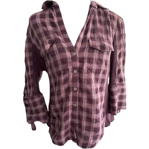 Max Studio Women's Purple Plaid button down flannel Cotton stretch shirt sz M - Picture 1 of 5
