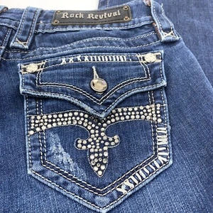 Rock Revival Buckle Womens Celine Boot Cut Jeans Sz 28 Studded Dark Blue EUC - Picture 1 of 13