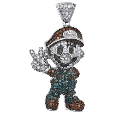 10K White Gold Red & Blue Diamond Mario Bros. Pendant 1.45" Pave Charm 1.62 CT. - Image 1 of 4