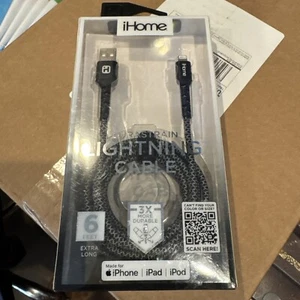 iHome 6' Fabric USB Lightning Cable for iPhone MFi-Certified Durastrain iPad Pod - Picture 1 of 8