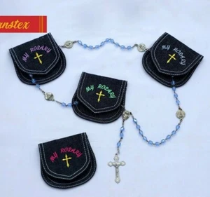 4x My Rosary Denim Pouch with Embroidery Designs Catholic Gift (4pcs) - Picture 1 of 2
