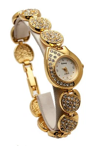 GALAXY: WOMEN'S GOLD FINISH FULL RHINESTONES ROUND CASE CONE LINKS ANALOGE WATCH - Picture 1 of 4