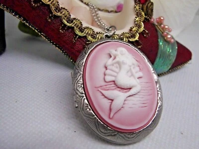 PINK  Ocean Mermaid Shell Locket ship Siren Nautical Beach Pill box Cameo sexy - Image 1 of 4