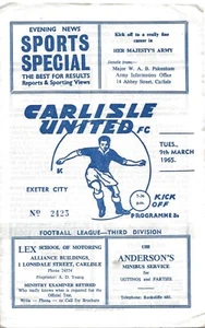 CARLISLE UNITED V EXETER CITY ~ 9 MARCH 1965 ~ 3RD DIVISION FOOTBALL PROGRAMME - Picture 1 of 1