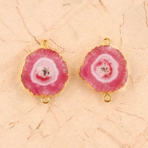 Hot Pink Real Solar Quartz Yellow Gold Electroplated DIY Making Pair Connectors  - Picture 1 of 3