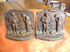 OLD PAIR OF BRONZE BOOKENDS, FARM COUPLE PRAYING OVER A BASKET OF FRUIT