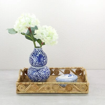New Swirly Rectangle Rattan Tray with Handles-Natural-15.5" - Image 1 of 4